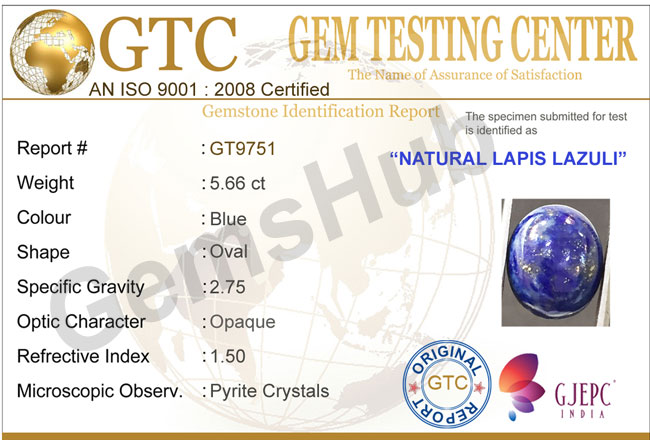 5.66 ct Natural Certified Lapis Lazuli (Lajwart)